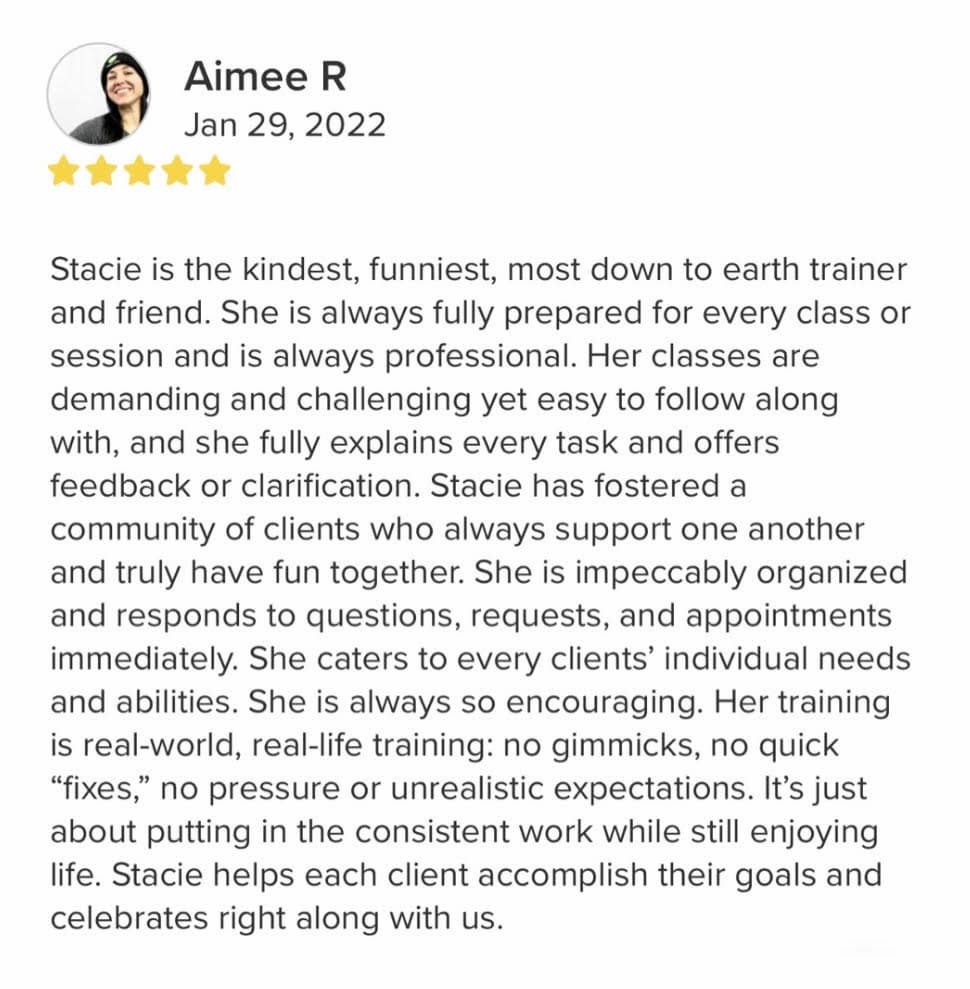 stacie's client aimee's testimonial personal training